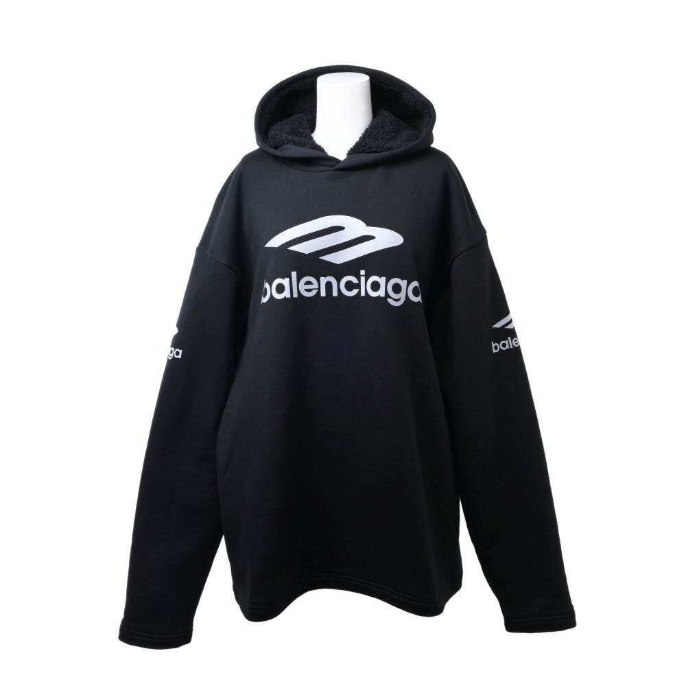 美品 BALENCIAGA ロゴプリント 裏起毛 ロングパーカ L ブラック バレンシアガ KL4BHKPS87拍卖