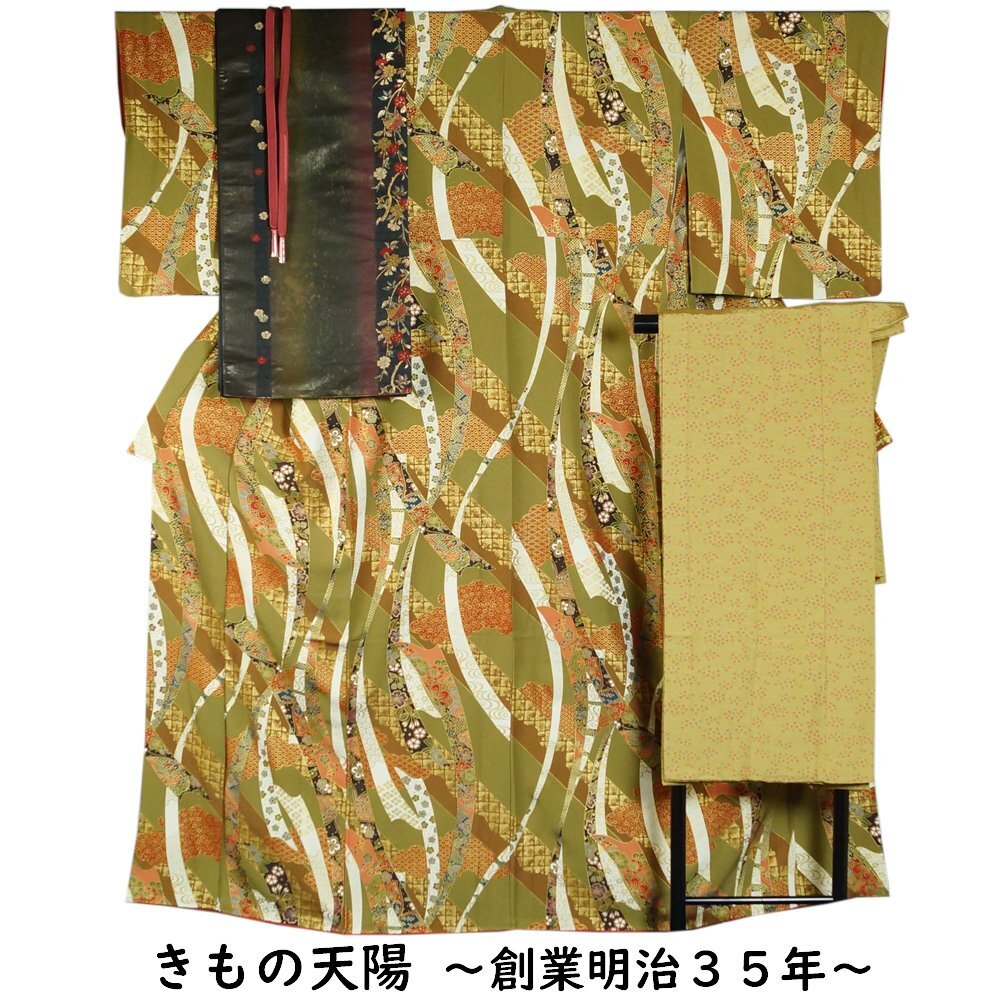 着物セット 小紋・袋帯・長襦袢・帯締め 4点 セット 短冊に春秋百花模様 Mサイズ 中古 リサイクル小紋 リサイクル着物拍卖