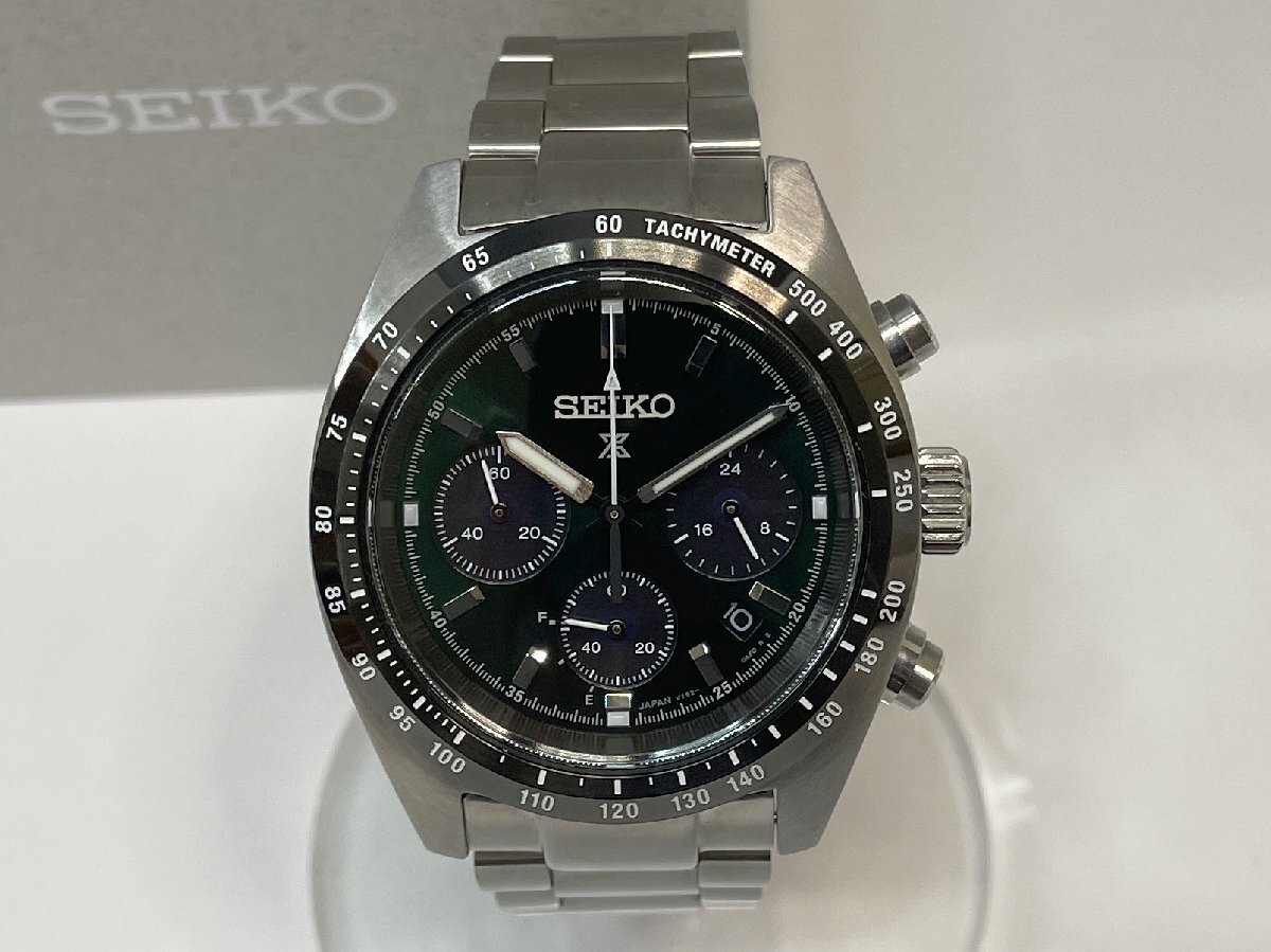 極美品 セイコー プロスペックス スピードタイマー ソーラー腕時計 SBDL107 グリーン文字盤 V192-0AF0 ステンレスベルト メンズ 質セブン拍卖