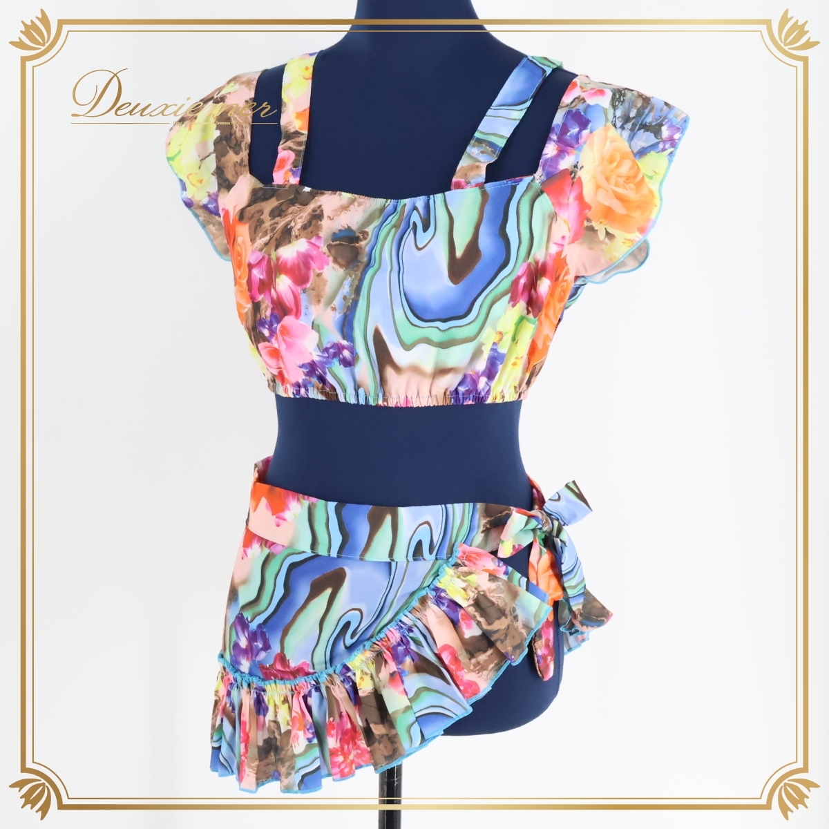 『送料無料』【ベリーダンス用衣装】カラフル レッスン着 上下セット トップス ミニスカート 青 ピンク オレンジ フリル 花柄 模様 派手拍卖