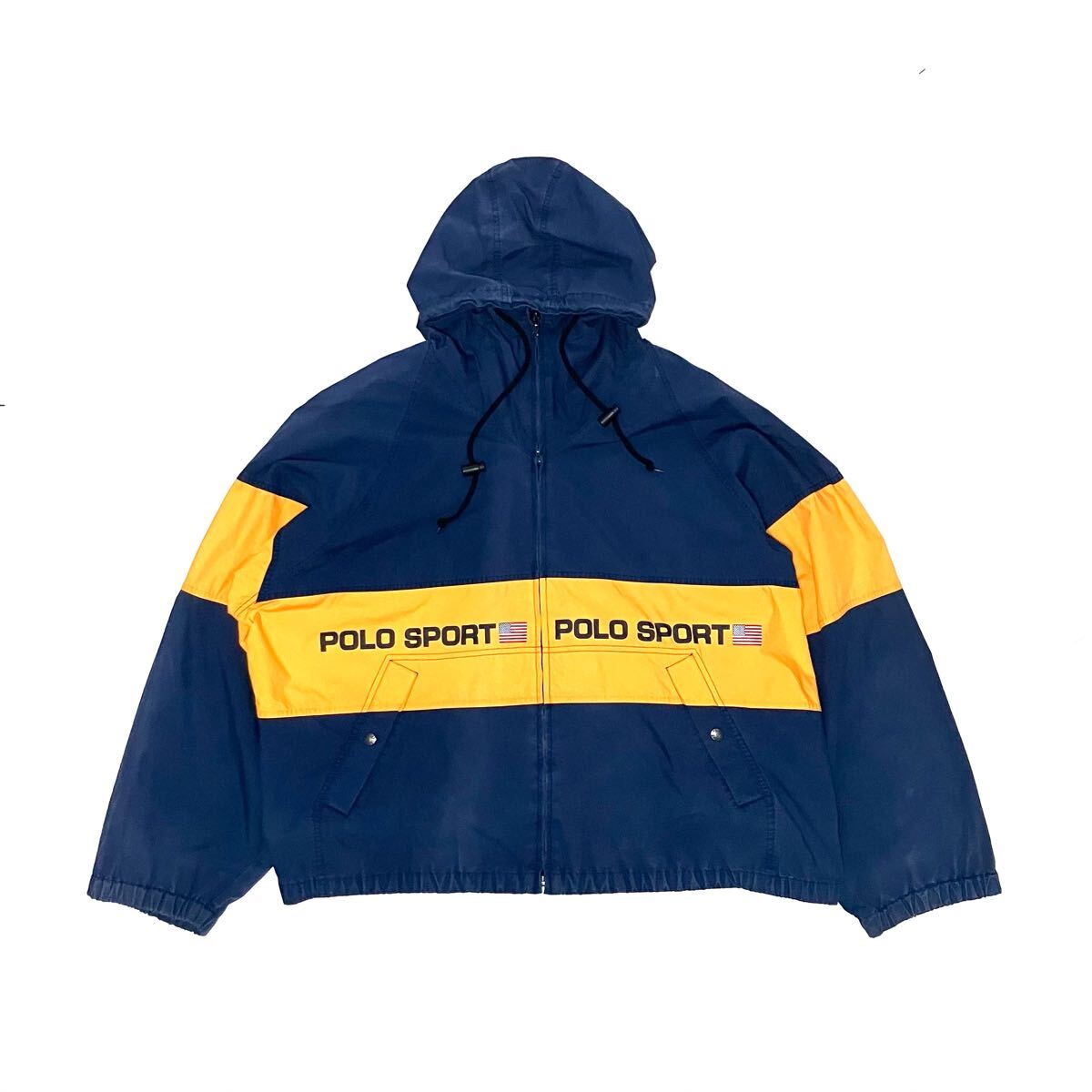 XXL POLO SPORT ポロスポーツ 90s 90年代 コットン ウインドブレーカー 紺x黄色 パーカー フード ジャケット プリント ヴィンテージポロ拍卖