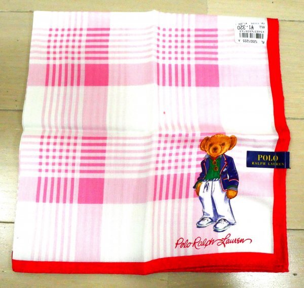 未使用 POLO ポロ ラルフローレン ★ ラルフベア ・ ハンカチ ★ ホワイト・ピンク・チェック柄・ロゴ入り拍卖