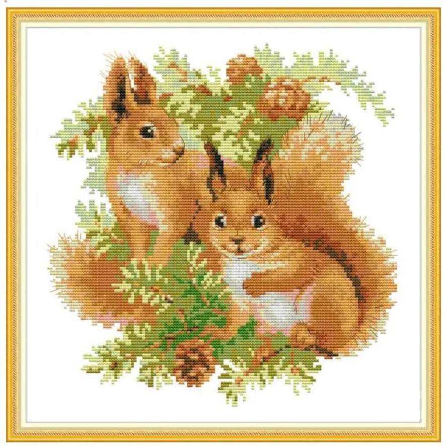 クロスステッチキット Two squirrels 2匹のリス 14CT 33×33cm 図案印刷なし 刺繍 秋拍卖