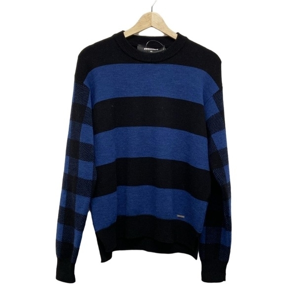 ディースクエアード DSQUARED2 長袖セーター/ニット サイズXS - 黒×ブルー メンズ クルーネック/ボーダー/チェック柄 トップス拍卖
