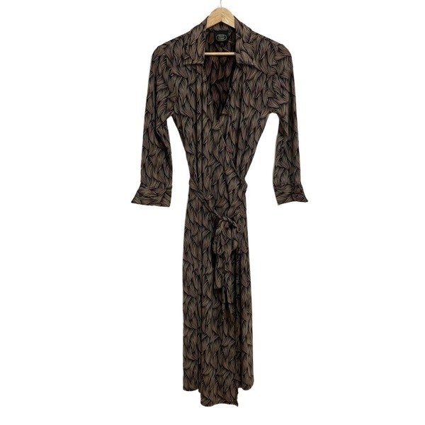 ローラアシュレイ LAURAASHLEY サイズM - ダークブラウン×白×マルチ レディース 長袖/ロング/カシュクール ワンピース拍卖