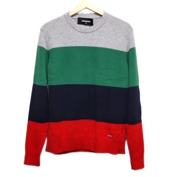 ディースクエアード DSQUARED2 長袖セーター/ニット サイズXS - グレー×グリーン×マルチ メンズ クルーネック/ボーダー 美品 トップス拍卖