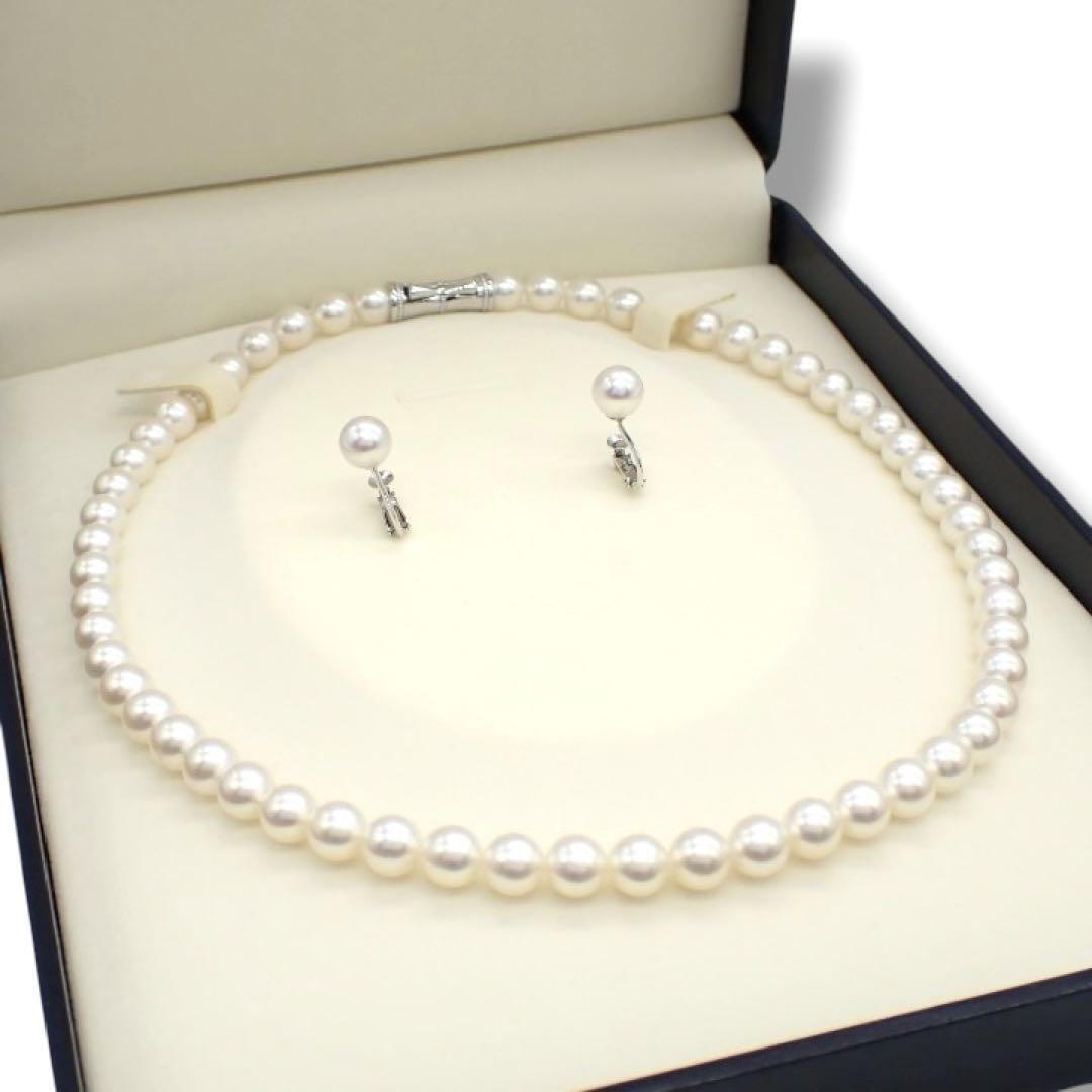 現行 箱 田崎真珠 タサキ TASAKI ネックレス チョーカー イヤリング 2点セット 7.0~7.5mm あこや 真珠 SV シルバー K18WG 3545拍卖