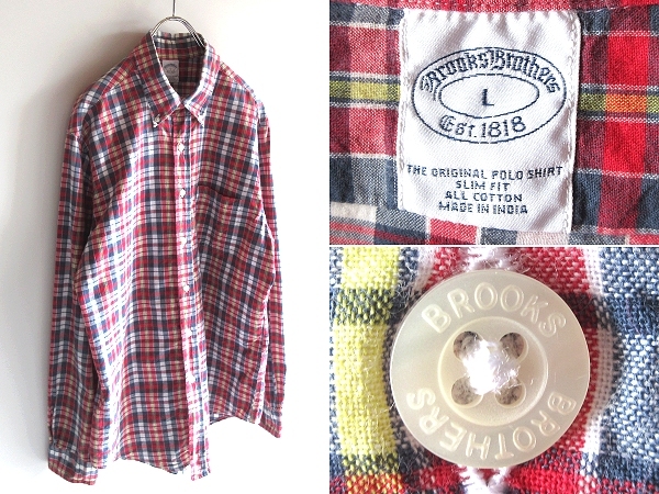 ネコポス対応 Brooks Brothers ブルックスブラザーズ SLIM FIT コットン チェックシャツ BDシャツ L レッド ネイビー イエロー ホワイト拍卖