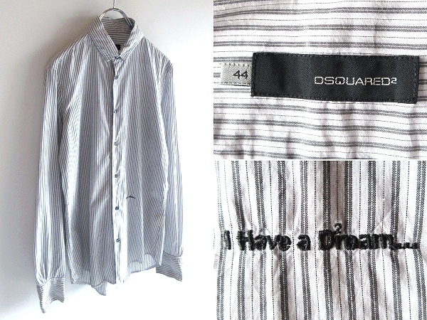 イタリア製 DSQUARED2 ディースクエアード I Have a Dream刺繍 コットン タブカラー ストライプシャツ 44 ホワイト グレー ここのえ正規品拍卖