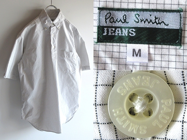 90sビンテージ Paul Smith JEANS ポールスミス ジーンズ 半袖 グラフチェック プルオーバーシャツ BDシャツ M ホワイト 白 ネコポス対応拍卖