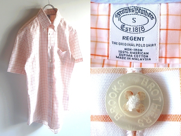 ネコポス対応 Brooks Brothers ブルックスブラザーズ REGENT アメリカンスーピマコットン チェックシャツ BDシャツ S オレンジ ホワイト拍卖