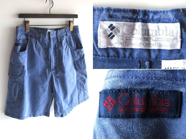 90sビンテージ Columbia コロンビア ピグメント加工 顔料染色 ロゴワッペン コットン ショートパンツ カーゴショーツ W34 フェードブルー拍卖