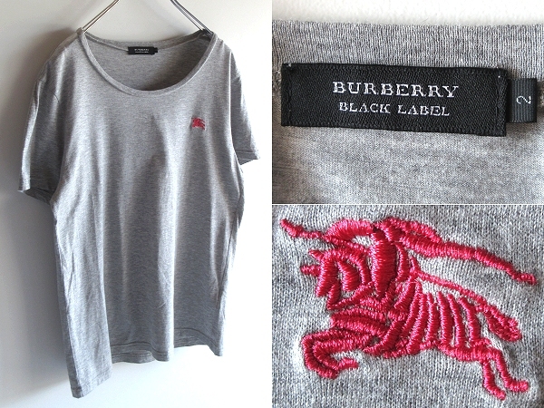 希少 BURBERRY BLACK LABEL バーバリーブラックレーベル ホースロゴ刺繍 Tシャツ 半袖 カットソー 2 杢グレー 三陽商会 ネコポス対応拍卖