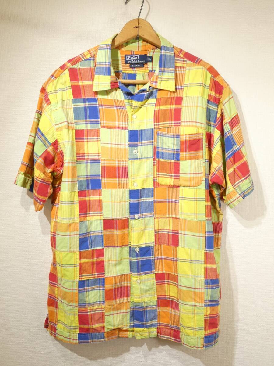 90s 00s ビンテージ Polo Ralph Lauren ラルフローレン CALDWELL インドマドラス パッチワーク ループカラー コットン 半袖 S/S シャツ L拍卖