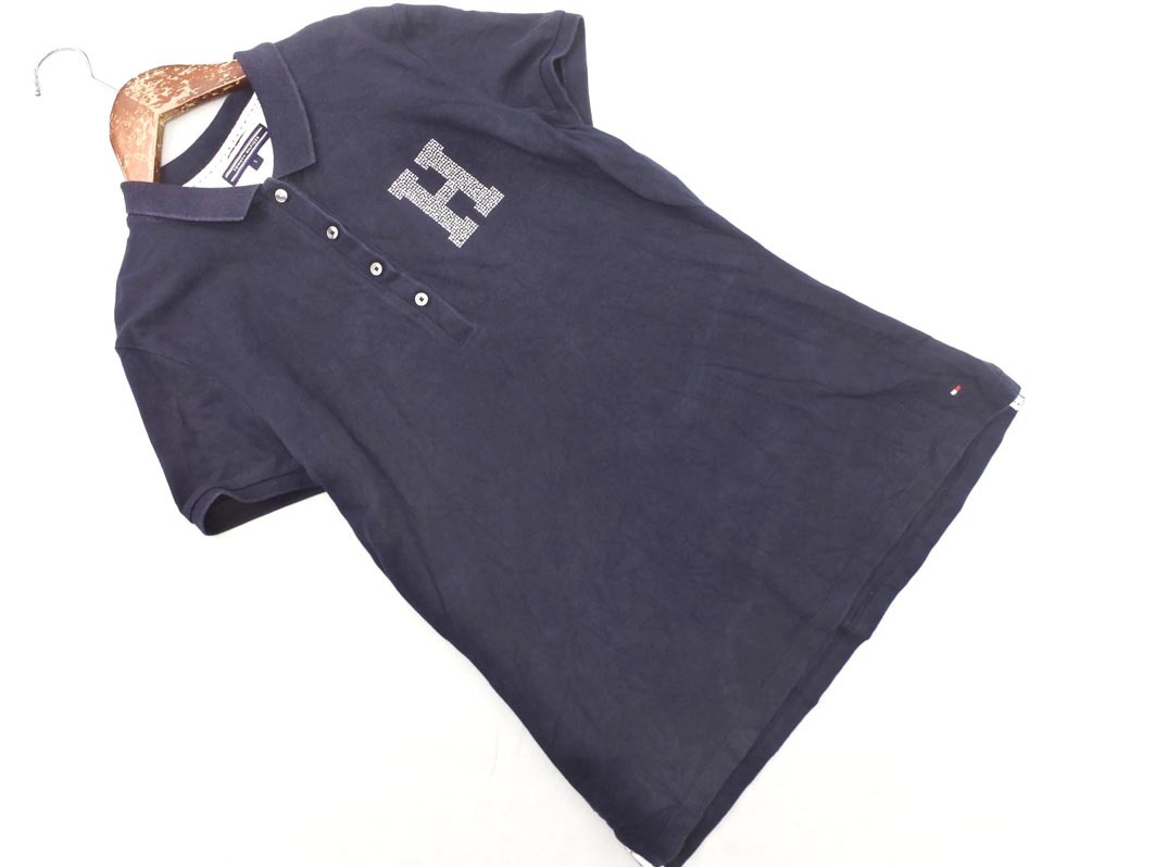 ネコポスOK TOMMY HILFIGER トミーヒルフィガー ロゴ スタッズ ポロシャツ sizeS/紺 ■◆ ☆ ffb7 レディース拍卖