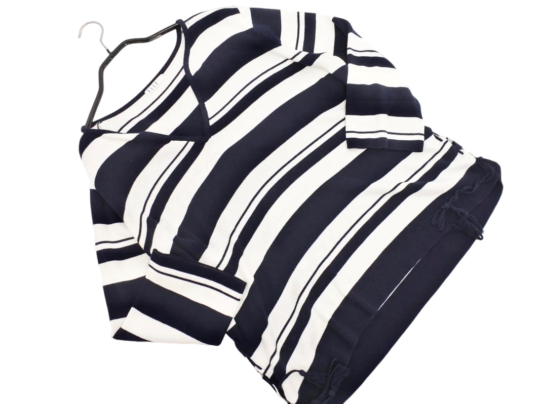 ELLE エル ボーダー レースアップ Vネック ニット セーター size38/白x紺 ■◇ ☆ ffb8 レディース拍卖