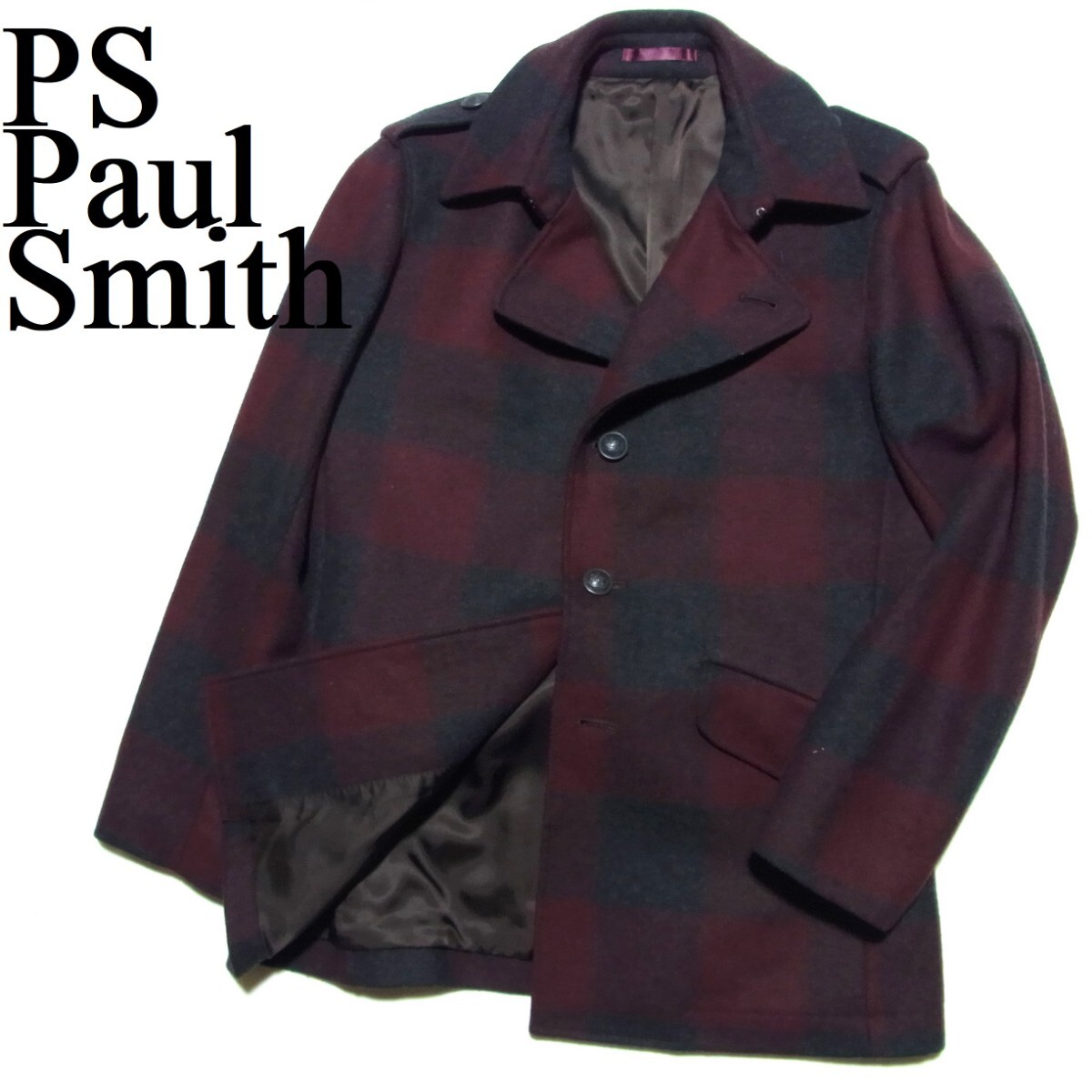 PS Paul Smith ポールスミス チェック メルトン シングル Pコート ピーコート M エンジ x グレー拍卖