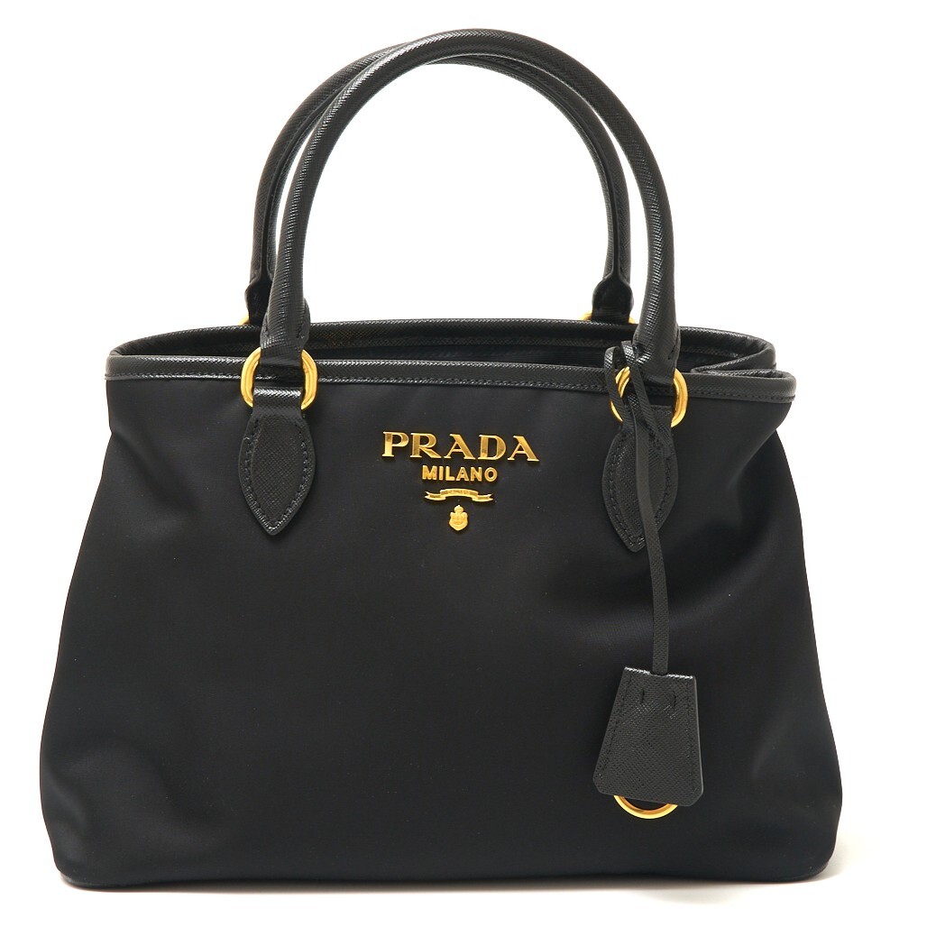 PRADA プラダ ナイロン サフィアーノレザー 2WAYショルダーバッグ 1BA173 コンパクト ハンドBAG ブラック×ゴールド金具 レディース拍卖
