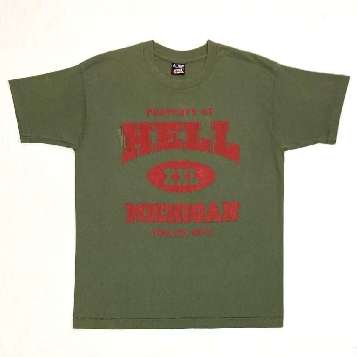 80s【MICHIGAN】HELL ジョーク Tシャツ size L USA製 袖裾シングル 5段プリント スーベニア オリーブドラブ ヴィンテージ/ミシガン州ヘル拍卖