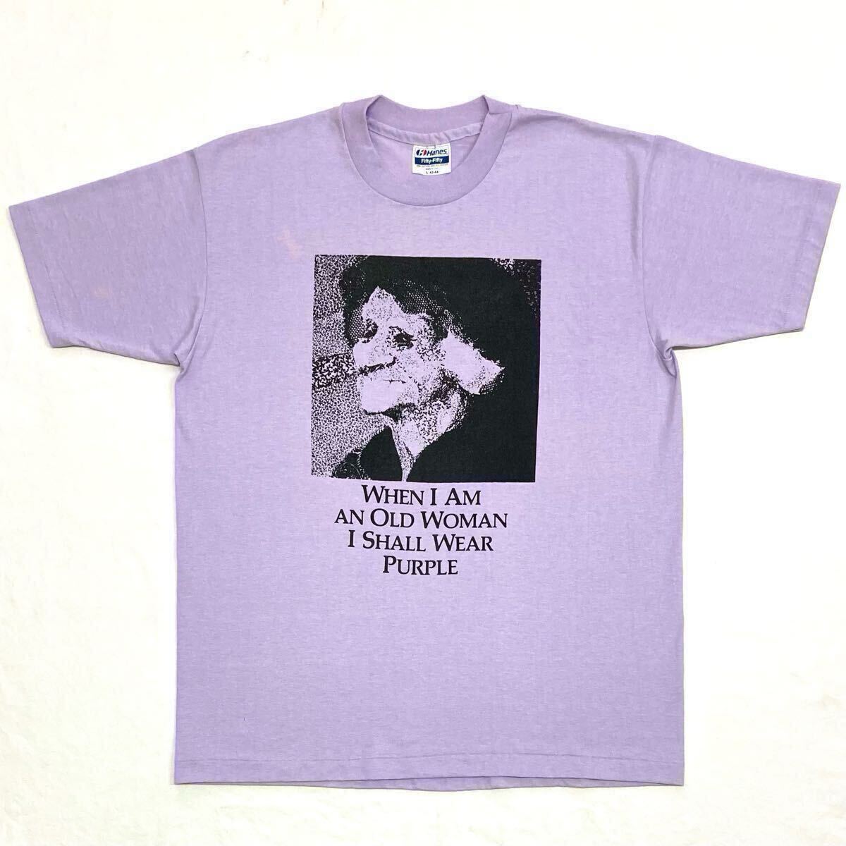 80s【Jenny Joseph】英国詩人 “Warning” Tシャツ size L USA製 裾袖シングル パープル ヴィンテージ/ジェニー ジョセフ 偉人 アート 90s拍卖