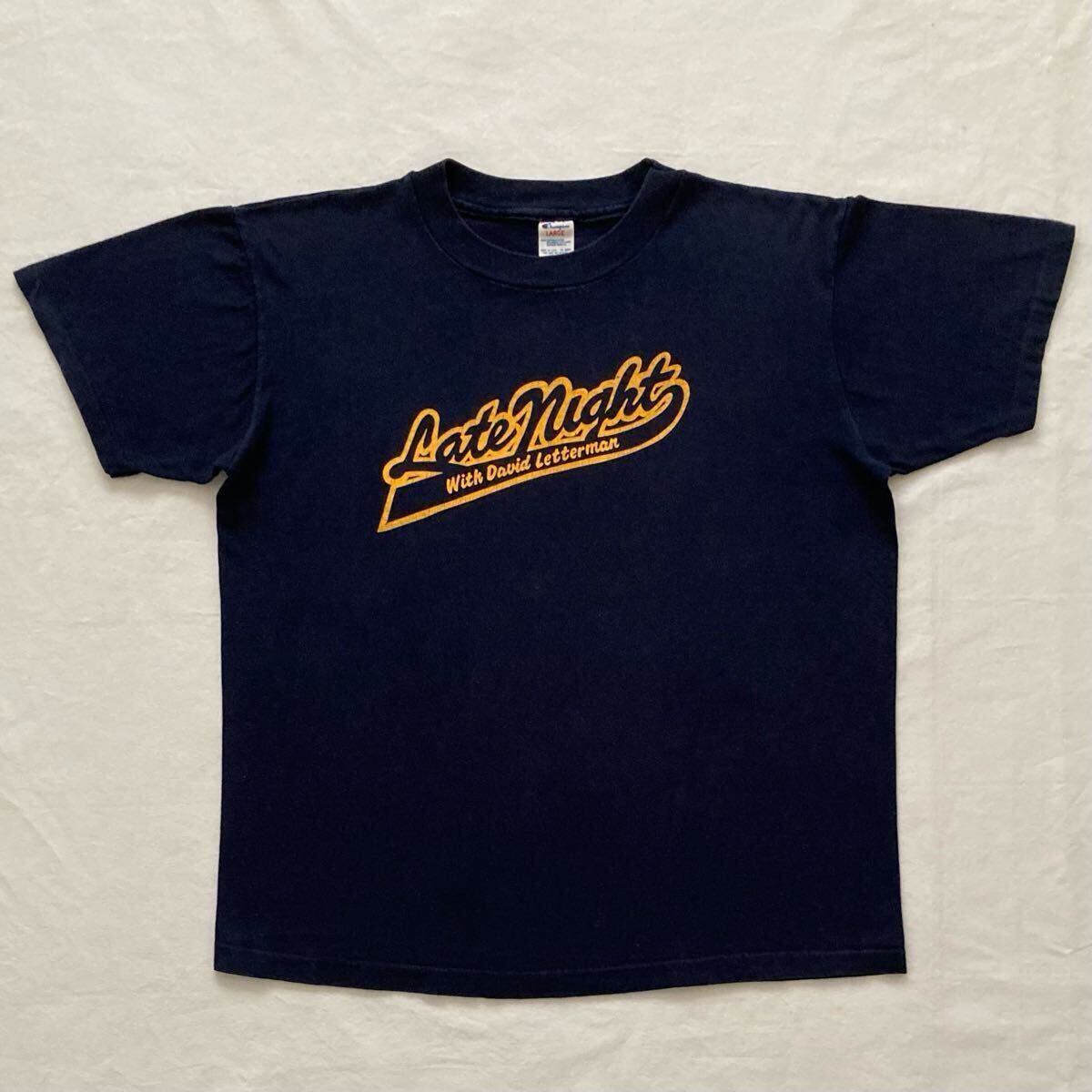 80s【Champion】”Late Night with David Letterman”トリコタグ 綿100 Tシャツ size L USA製 袖裾シングル/チャンピオン カレッジ ロゴ拍卖