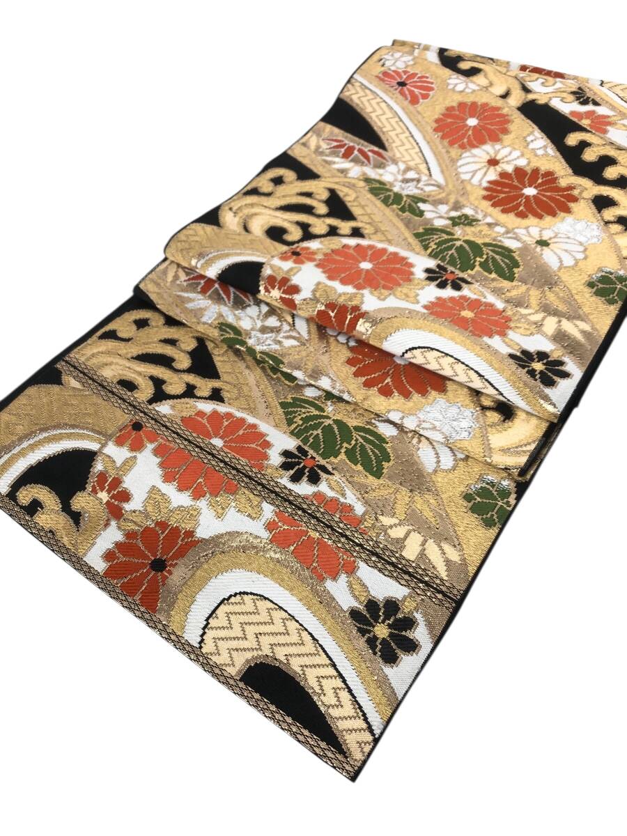 25R236 2 帯 花柄 黒 金糸 着物 和服 和装小物 中古品 拍卖