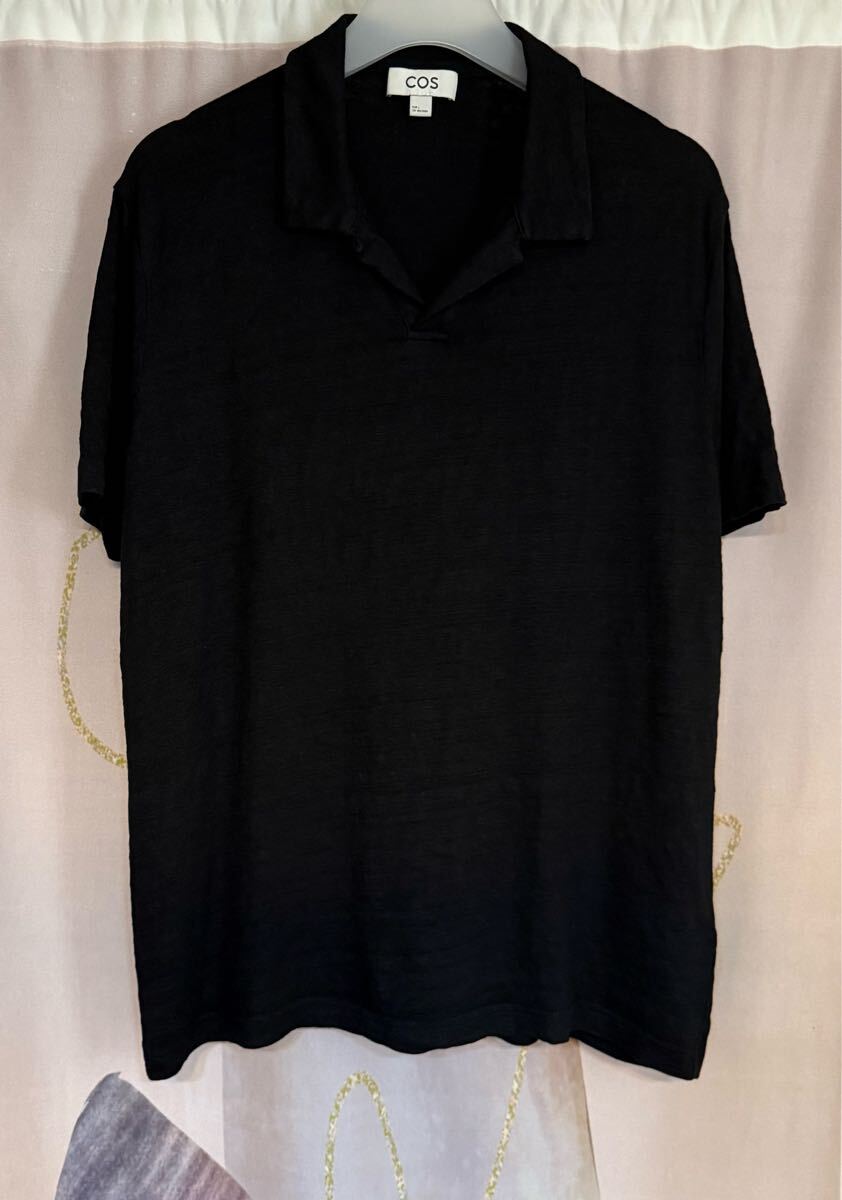 COS コス リネン100% スキッパー ポロシャツ ブラック拍卖