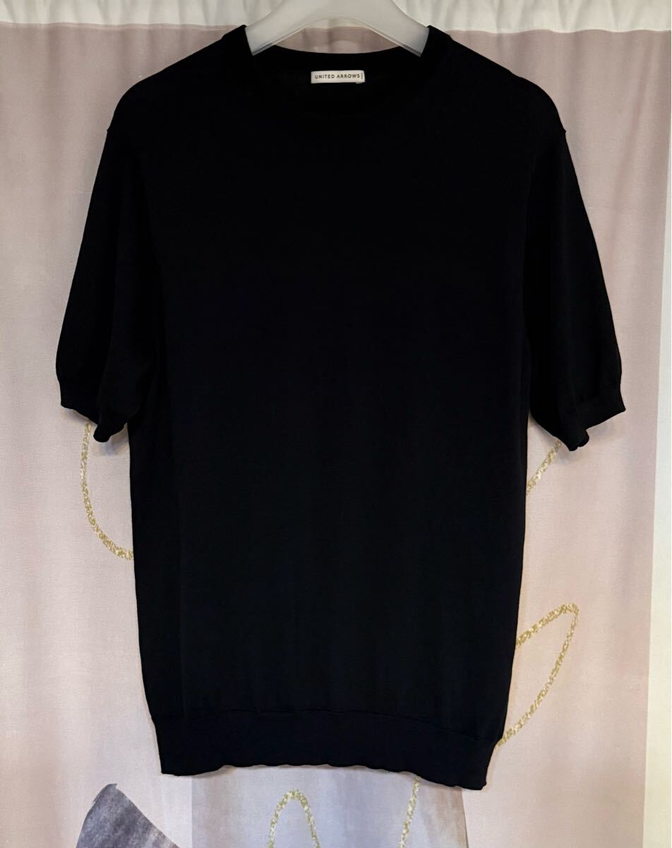 ユナイテッドアローズ コットンリネン ソリッド ニットTシャツ ブラック拍卖