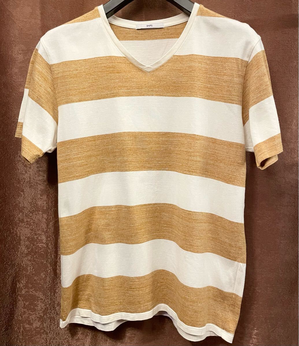MADE IN JAPAN製 SHIPS ボーダー柄 VネックTシャツ キャメル×クリーム Lサイズ シップス 日本製 Tシャツ拍卖