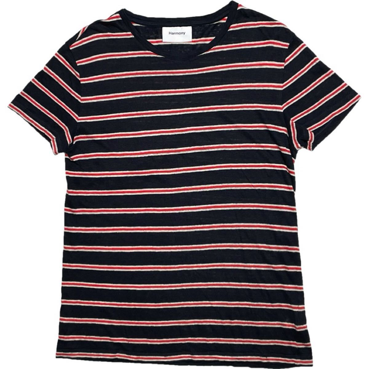 UNITED ARROWS 取り扱い MADE IN PORTUGAL製 Harmony ボーダー柄 半袖リネンTシャツ ネイビー×レッド Mサイズ ハーモニー リネン100拍卖