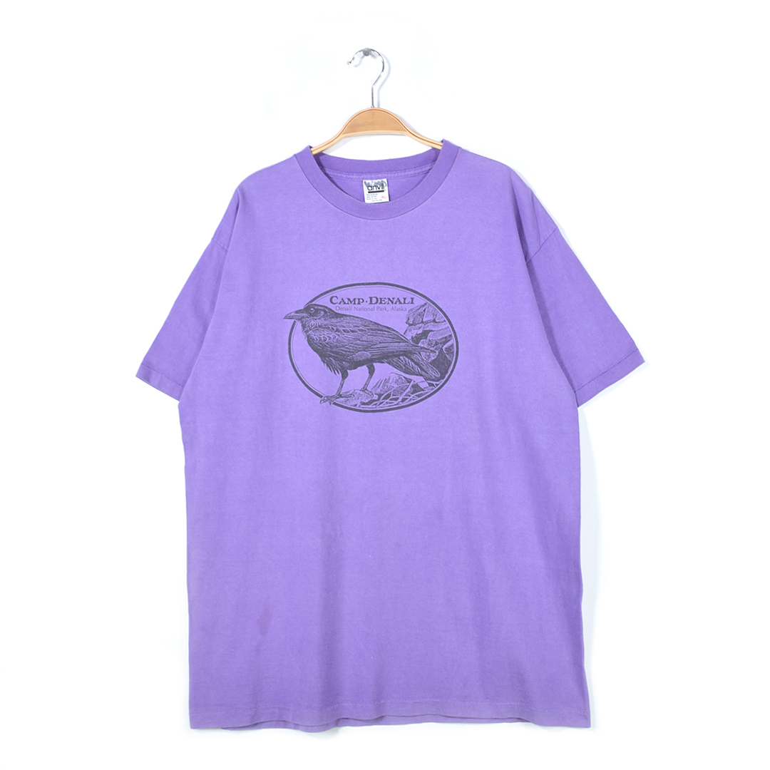 【送料無料】90s カラス USA製 ヴィンテージTシャツ 鳥 アニマルプリント パープル ヘビーコットン ANVIL シングルステッチ XL @BZ0423拍卖