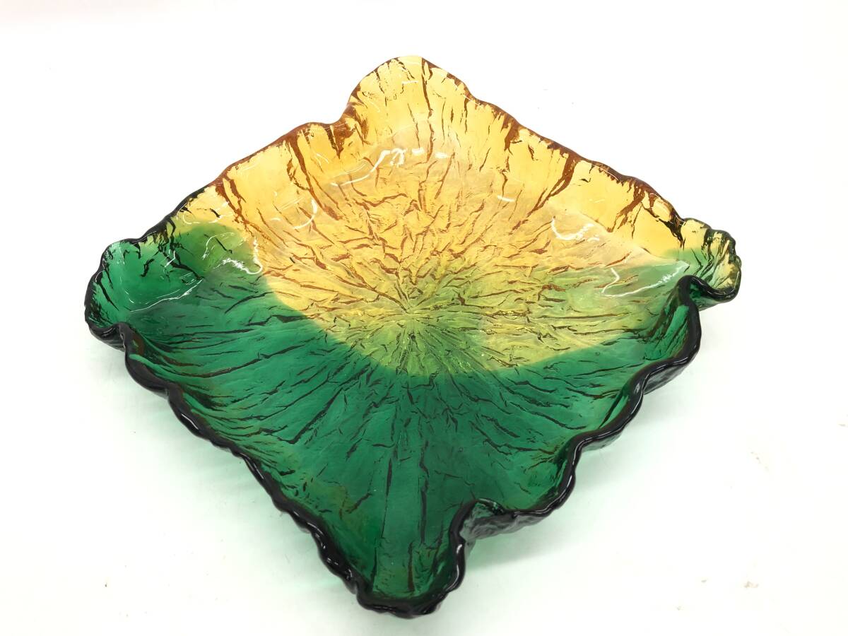 kurata craft glass クラタクラフトグラス ガラス工芸 スクエアプレート 大皿 角皿 盛皿 ガラス製 食器 イエロー×グリーン 24×24×6㎝拍卖