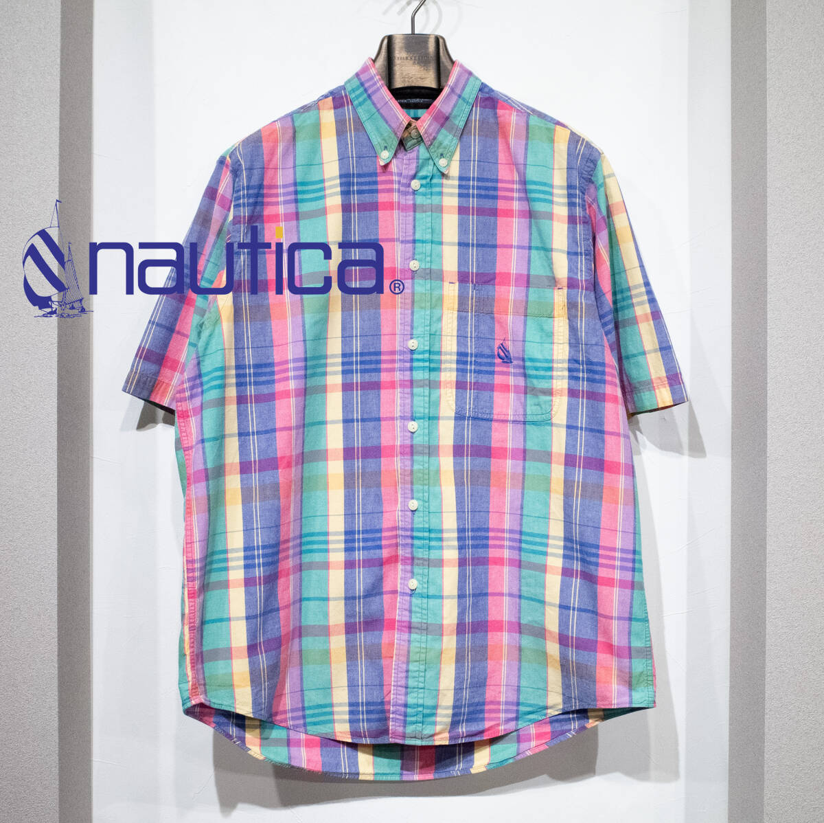 M / 80s 90s NAUTICA ノーティカ 半袖シャツ マドラスチェック マリンスタイル プレッピー ピンク グリーン イエロー グリーン ブルー古着拍卖
