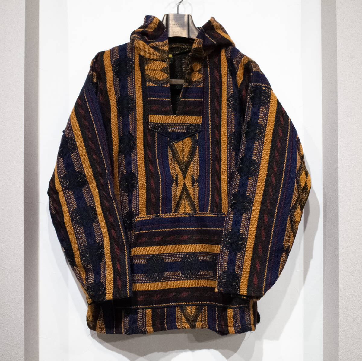 【デッドストック】L / 90s AZTEC メキシコ製 メキシカンパーカー プルオーバー ラグ フーディー 民族柄 ネイティブ ブラウン ブラック 青拍卖