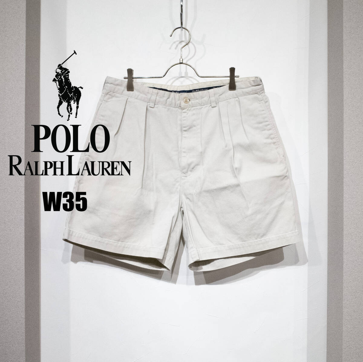 W35 / 90s POLO by RALPH LAUREN ラルフローレン ポロチノ アンドリュー ショーツ ツータック ベージュ ワイド ハーフパンツ 古着拍卖