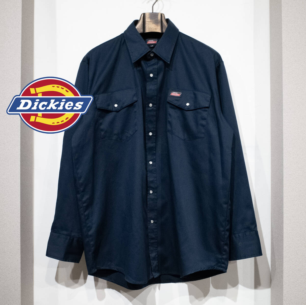 L / Dickies ディッキーズ 長袖 コットンツイル ワークシャツ スタップボタン ダブルポケット ダークネイビー 美品 古着 メンズ アメカジ拍卖