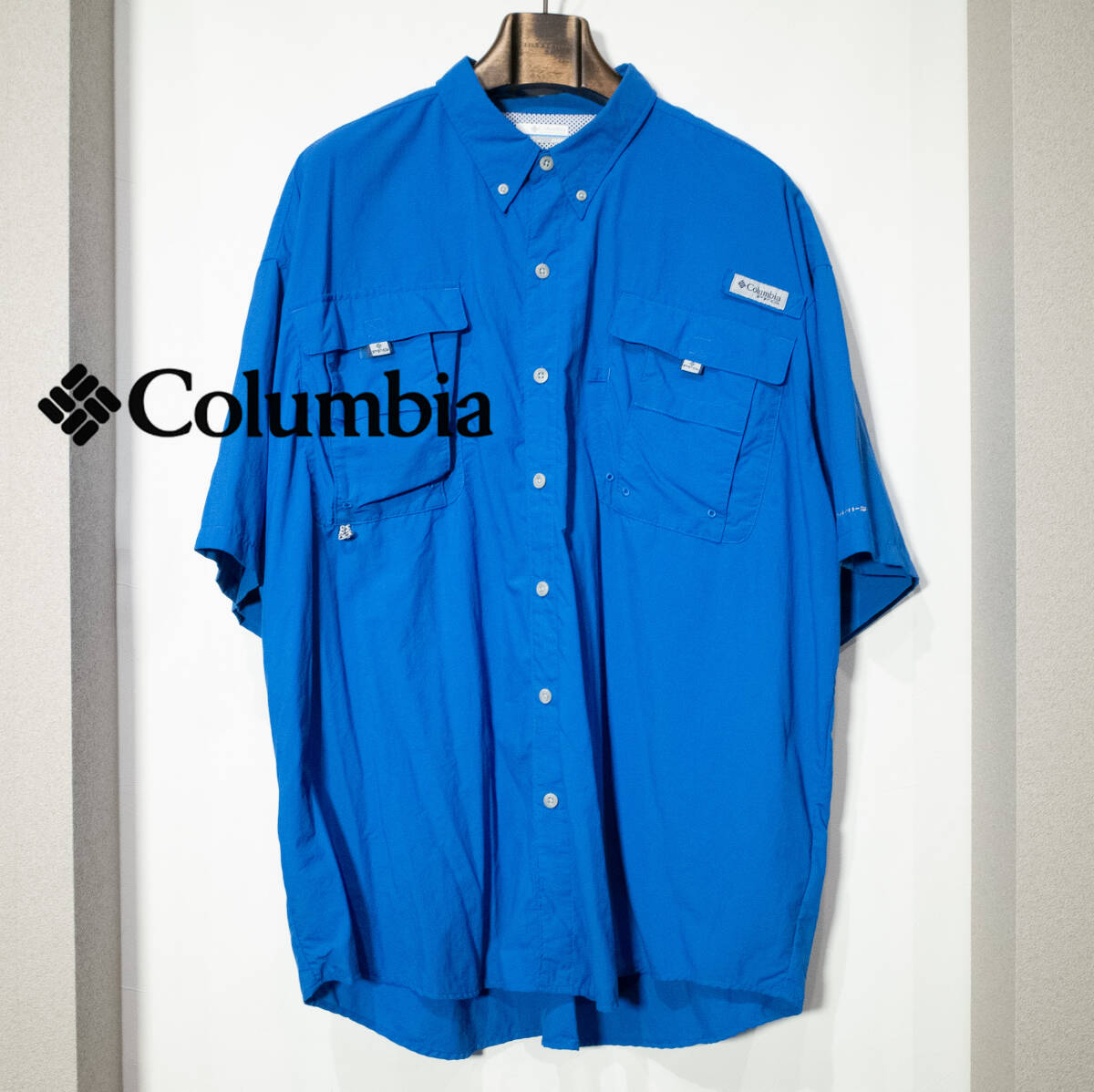 2XL / Columbia PFG コロンビア ナイロン ポリエステル 半袖 フィッシング シャツ OMNI SHADE ブルー 青 オーバーサイズ アウトドア 古着 拍卖