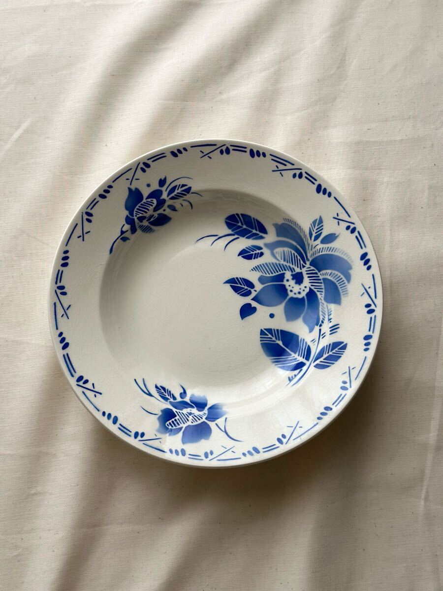フランス アンティーク 皿 Luneville リュネヴィル / “BRESIL” 青の花の深皿プレート (ブロカント ヴィンテージ 蚤の市)拍卖