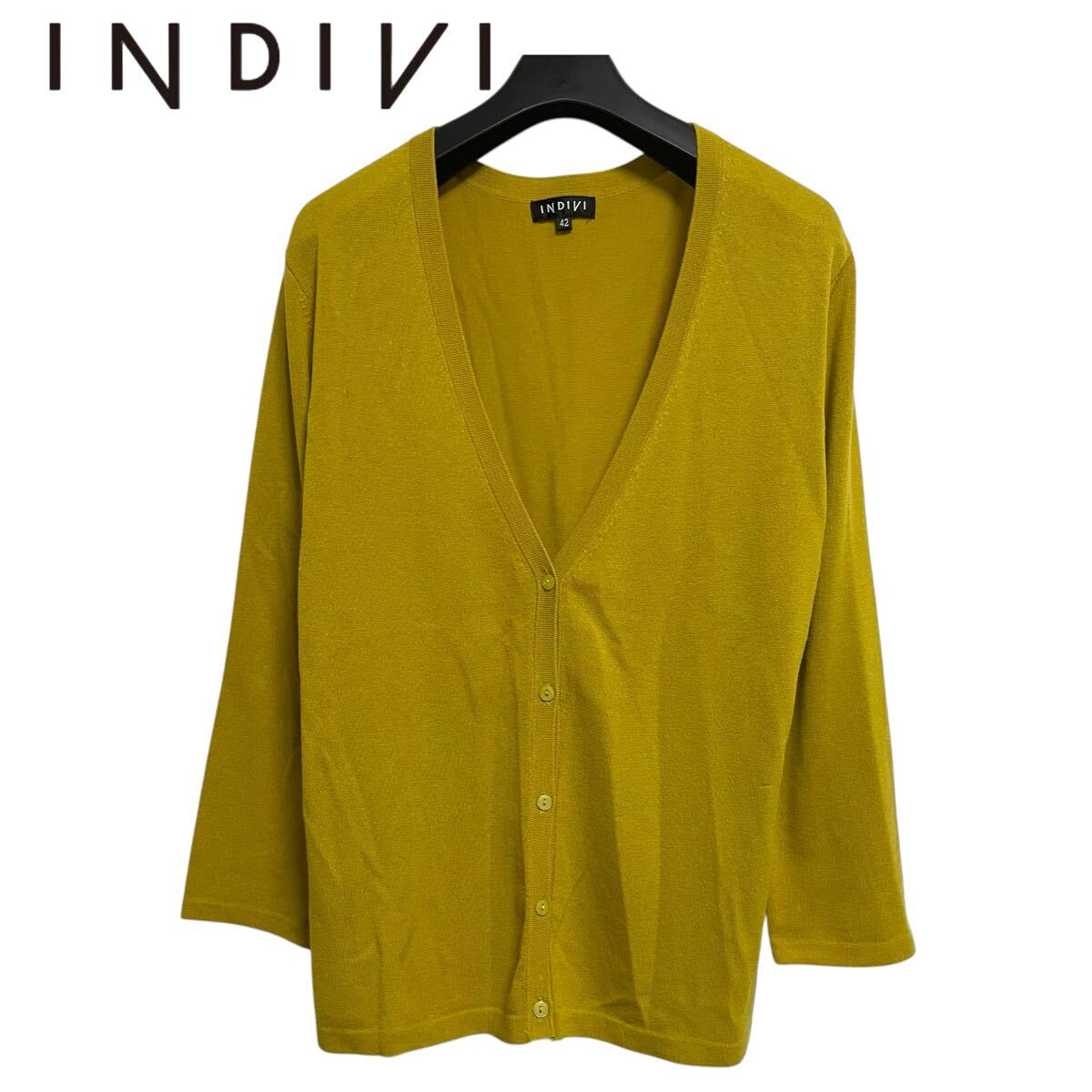INDIVI /インディヴィ レディース Vネック 七分袖カーディガン 薄手 オリーブ色 42サイズ 春夏秋 O-2398拍卖