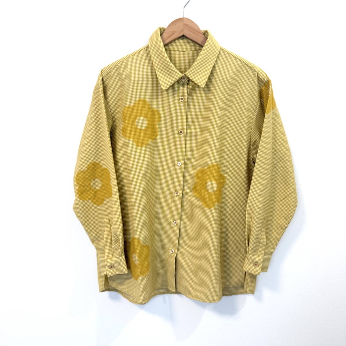 f3040ii PERSON'S NOBUO IKEDA(パーソンズ ノブオ イケダ) サイズM チェックシャツ 長袖シャツ イエロー レディース 花刺繍拍卖