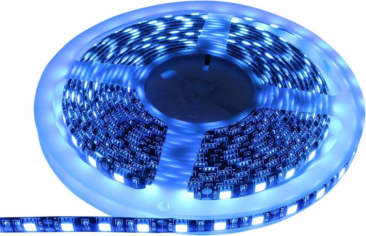 アイスブルー色 500cm LEDテープライト 12V 防水 両端子 5メートル 3チップ (アイスブルー色/黒ベース)拍卖