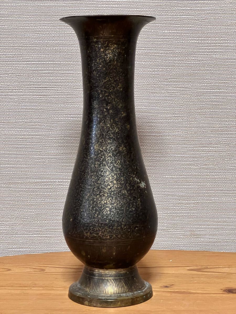 【アンティーク真鍮製 花瓶】 時代物金属製 花入 高さ25cm 真鍮製インド製 アジア系 フラワーベース拍卖