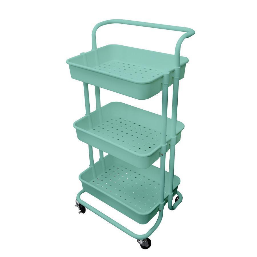 キッチンワゴン 【ブルー】キャスター付き スチールラック バスケットトローリー スリム 3段 バスケット ハンドル付き LB-198-BL-B 区分80S拍卖