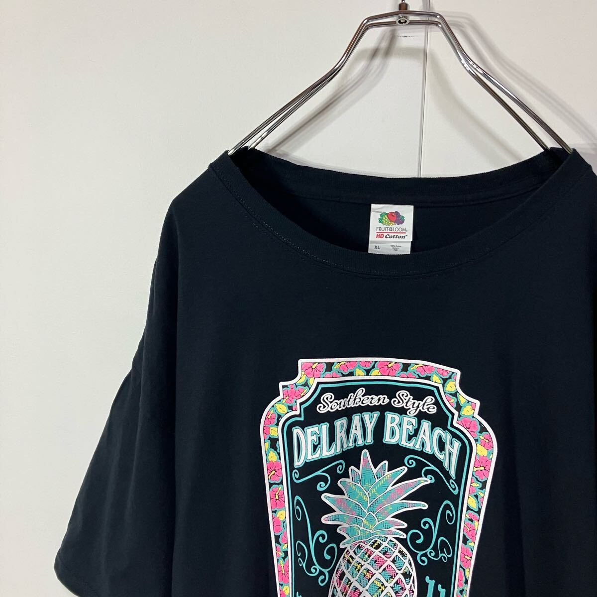 古着 パイナップル プリント クルーネック 半袖 Tシャツ 大きいサイズ ブラック XL拍卖