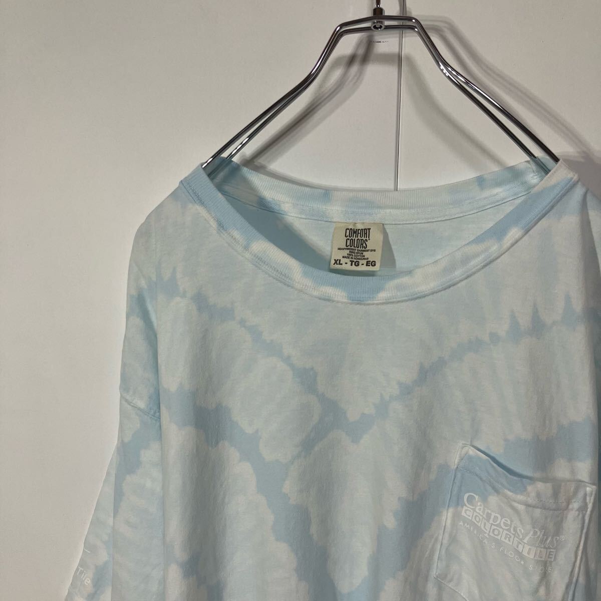 古着 アート プリント ポケット クルーネック 半袖 Tシャツ 大きいサイズ 一点物 ライトブルー ホワイト XL拍卖