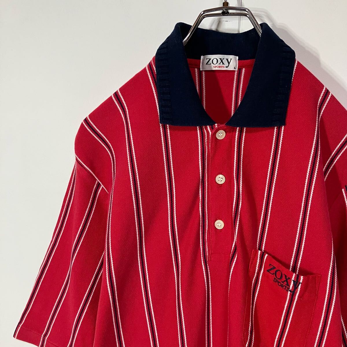 古着 ヴィンテージ ストライプ 刺繍 ポケット 鹿の子 半袖 ポロシャツ レッド ホワイト ネイビー L拍卖