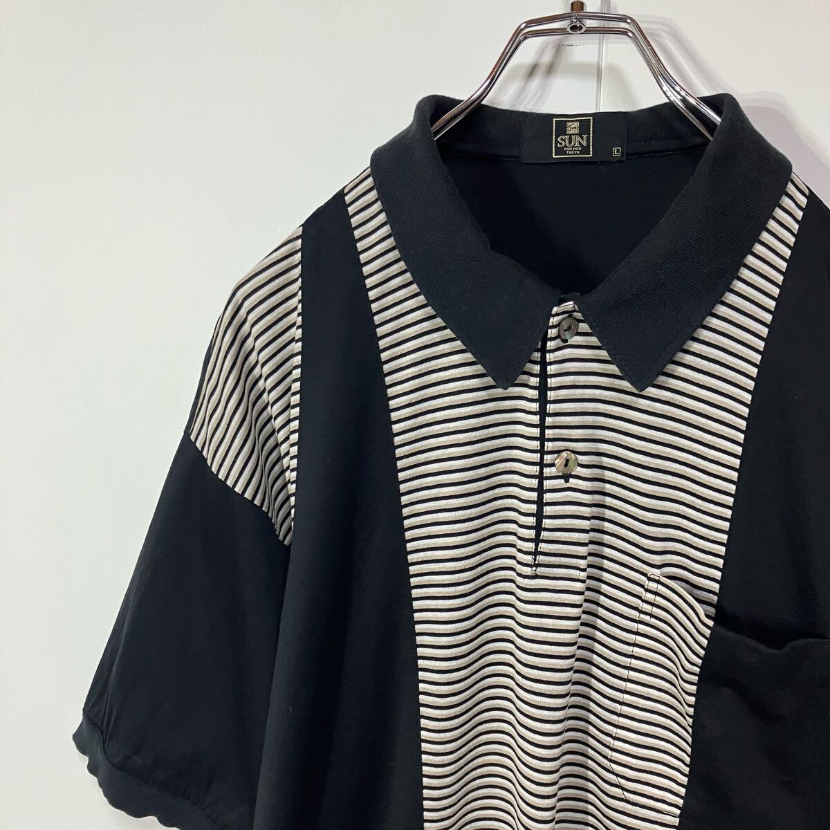 古着 ヴィンテージ 切替 ボーダー レトロ ポケット 天竺 半袖 ポロシャツ ブラック ホワイト ブラウン L拍卖