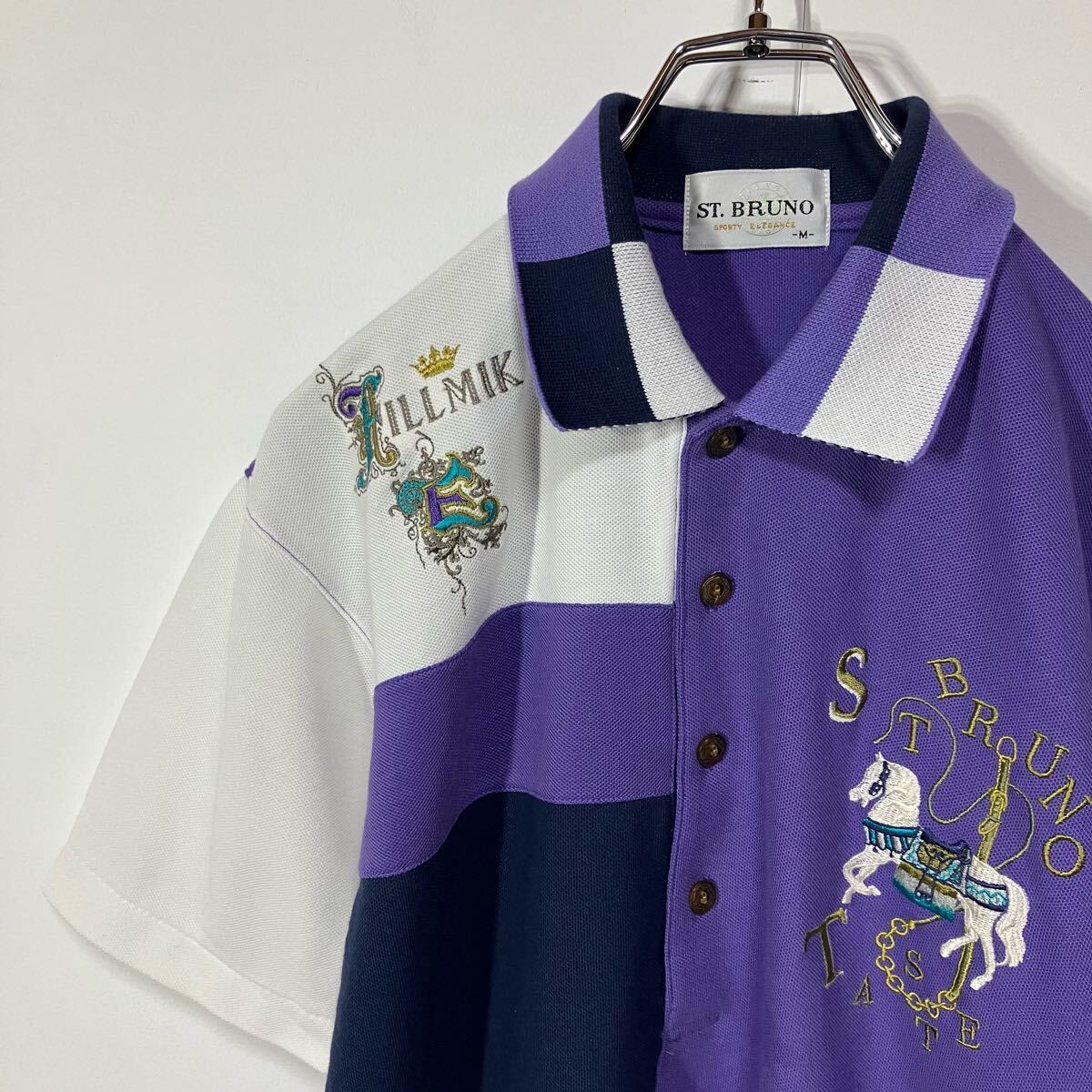 ヴィンテージ 切替 刺繍 レトロ ボタン 鹿の子 半袖 ポロシャツ パープル ネイビー ホワイト M拍卖