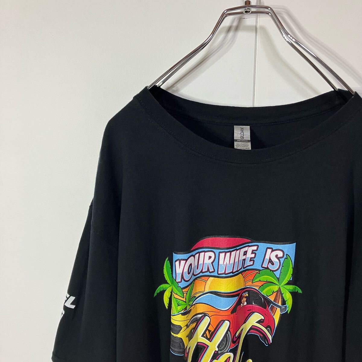 古着 スポーツカー ガール プリント クルーネック 半袖 Tシャツ 大きいサイズ ブラック 2XL拍卖