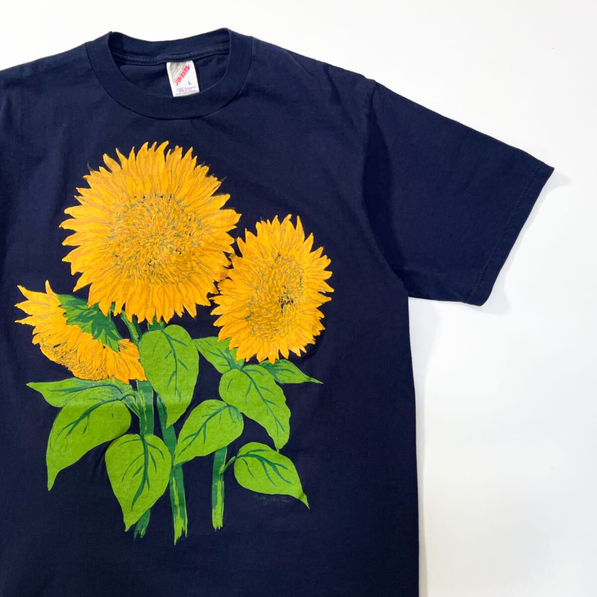 80s 90s sun Flower サンフラワー ひまわり プリントt 花 コットン ネイビー ビンテージ usa old L アメリカ製 アートt Tシャツ Tee ゴッホ拍卖